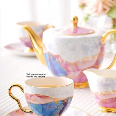 BỘ ẤM CHÉN VÂN ĐÁ VIỀN VÀNG CAO CẤP